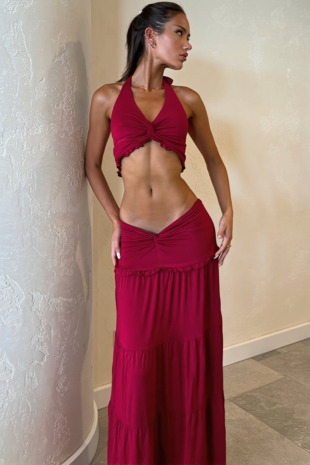 Chic Pleated Halter Neck Crop Top Skirt Sets image 3
