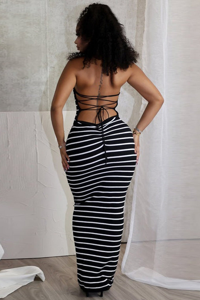 Striped Backless Tie-Back Halter Maxi Dress image 4