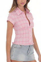 Cropped Plaid Polo Neck Button Blouse image 2
