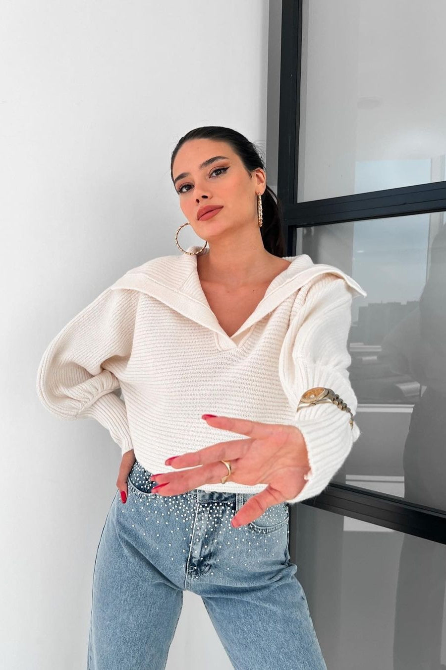 Lantern Sleeve Open Collar Knit Sweater image 14