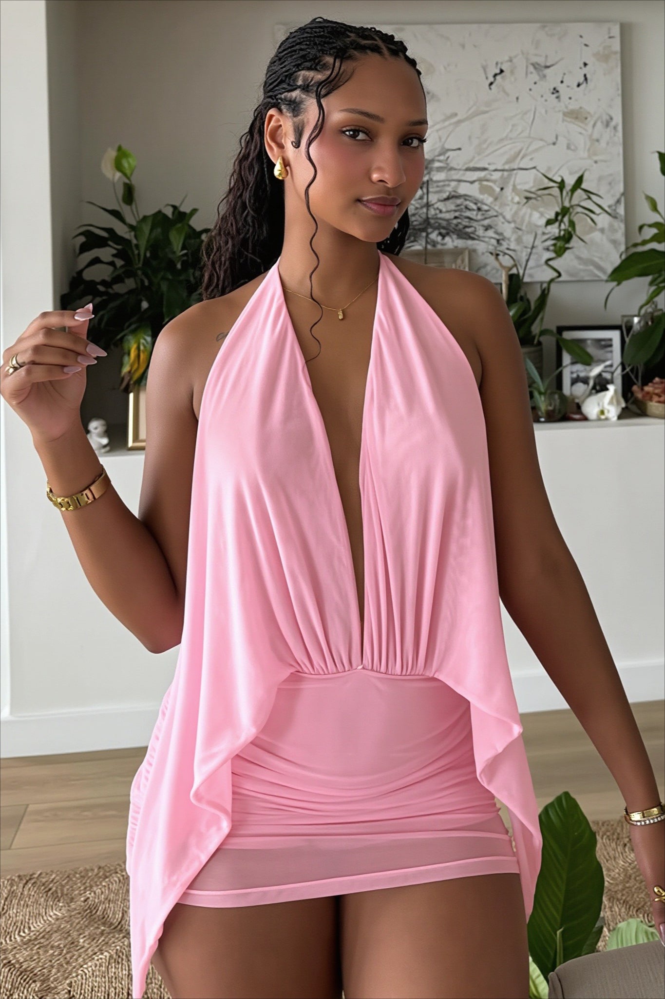 Solid Mesh Halter Backless Mini Dress image 2