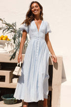 Solid V Neck Puff Sleeve Flared Midi Dress image 7