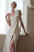 Satin Minimalist Bow High Slit Reception Dress image 1