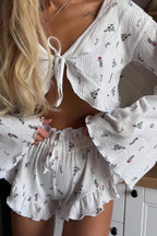 Short Cardigan Hollow Out Long Sleeve Floral Shorts Loungewear Two Piece Set image 3