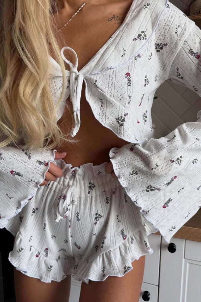 Short Cardigan Hollow Out Long Sleeve Floral Shorts Loungewear Two Piece Set image 3