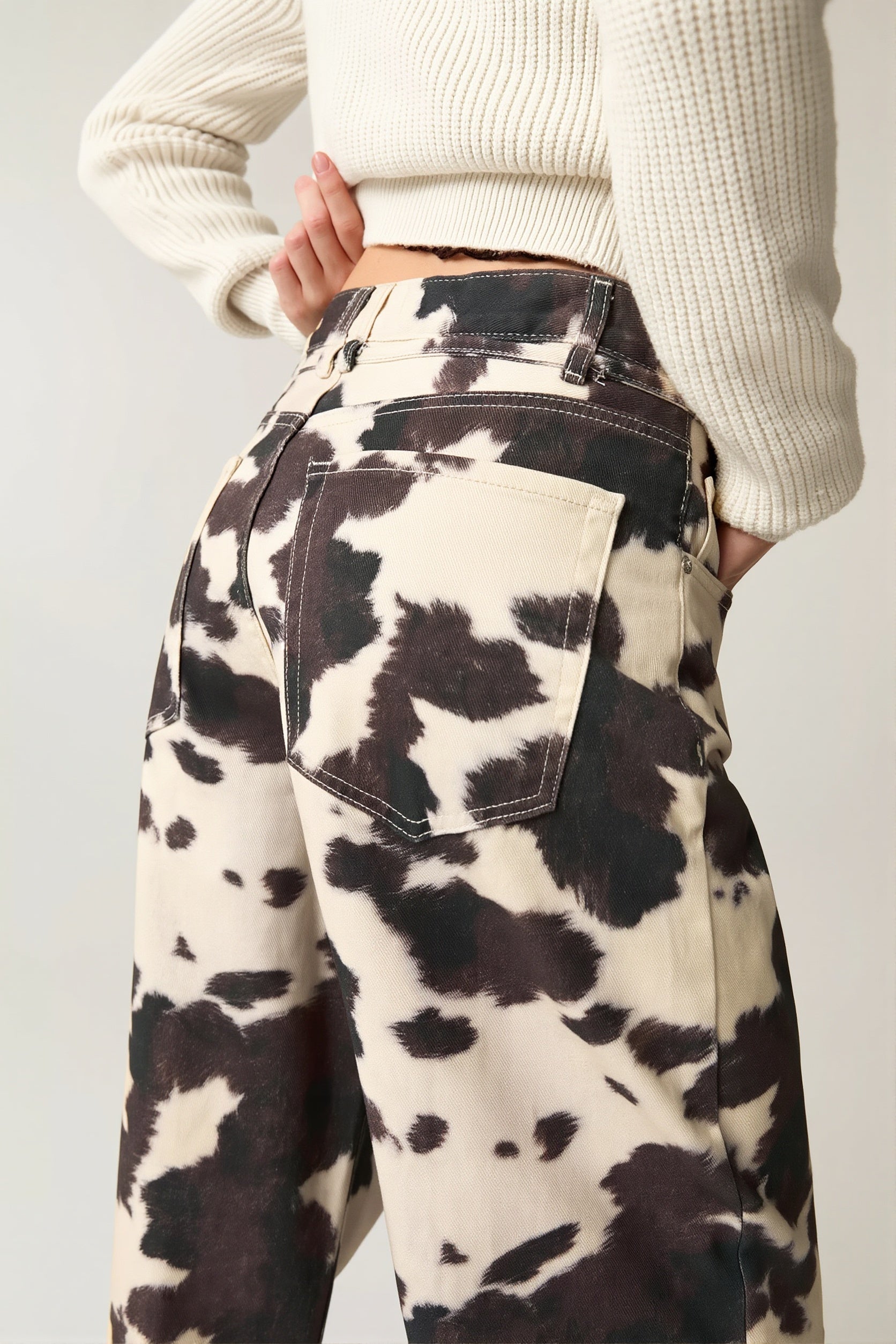 Chic Retro Cow Print Washed Straight Jeans image 4