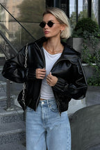 Black Faux Leather Hooded Loose Streetwear Jacket image 12