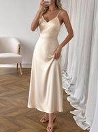 Allegra Satin Maxi Dress detail view styled for Avrienne