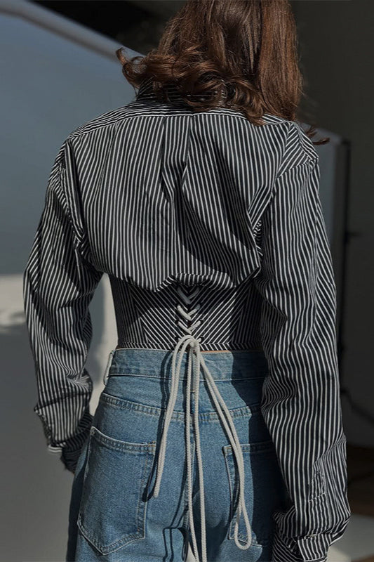 Striped Waist Cinched Collared Short Blouse image 6