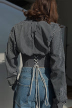 Striped Waist Cinched Collared Short Blouse image 6
