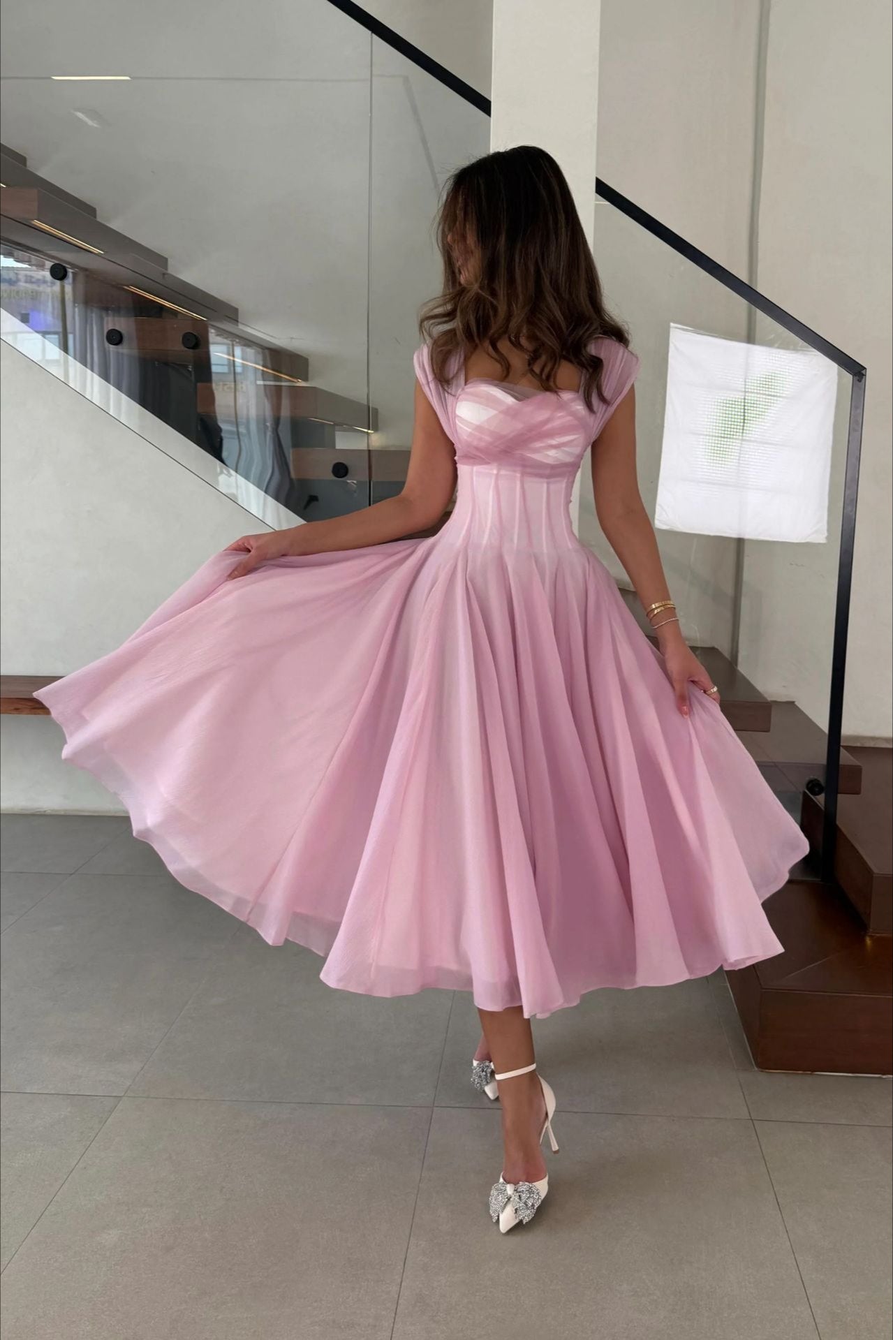 Soft Mesh Waist Flared Prom Dress image 4