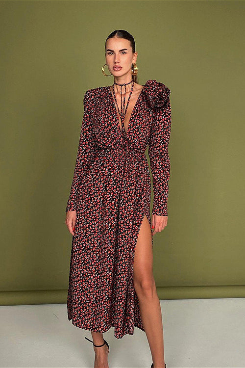 Lace Up Waist Deep V Neck Side Slit Floral Dress image 3
