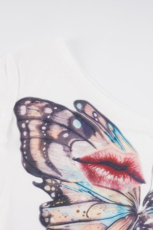 Butterfly Lips Print Off‑Shoulder T‑shirt image 5