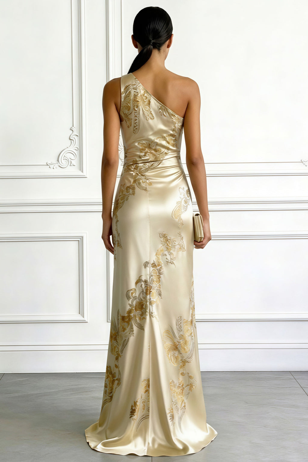 Elegant Off Shoulder Asymmetrical Neckline Print Slim Fit Maxi Dress image 3