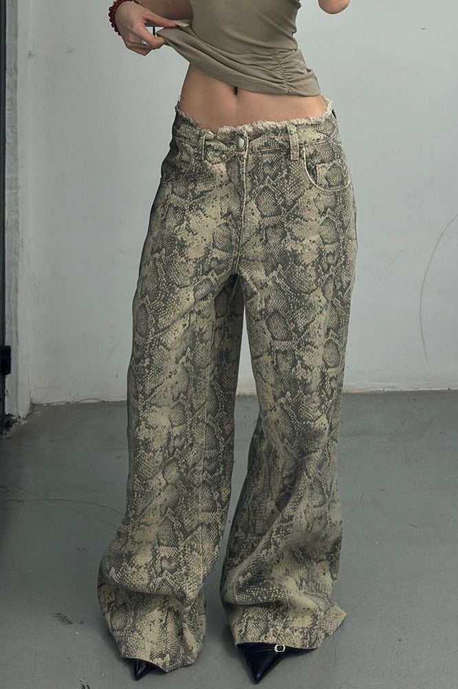 Snake Print Wide Leg Low Waist Frayed Jeans image 3