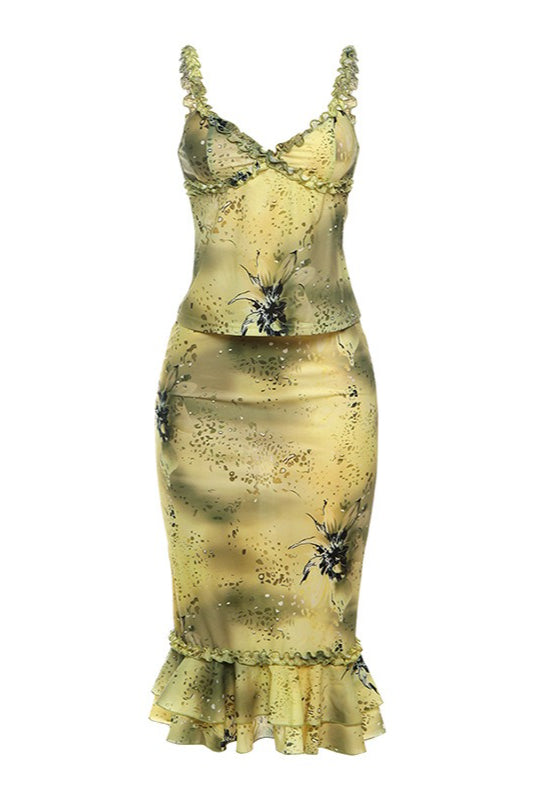 V Neck Ruched Ruffle Floral Print Midi Dress image 6