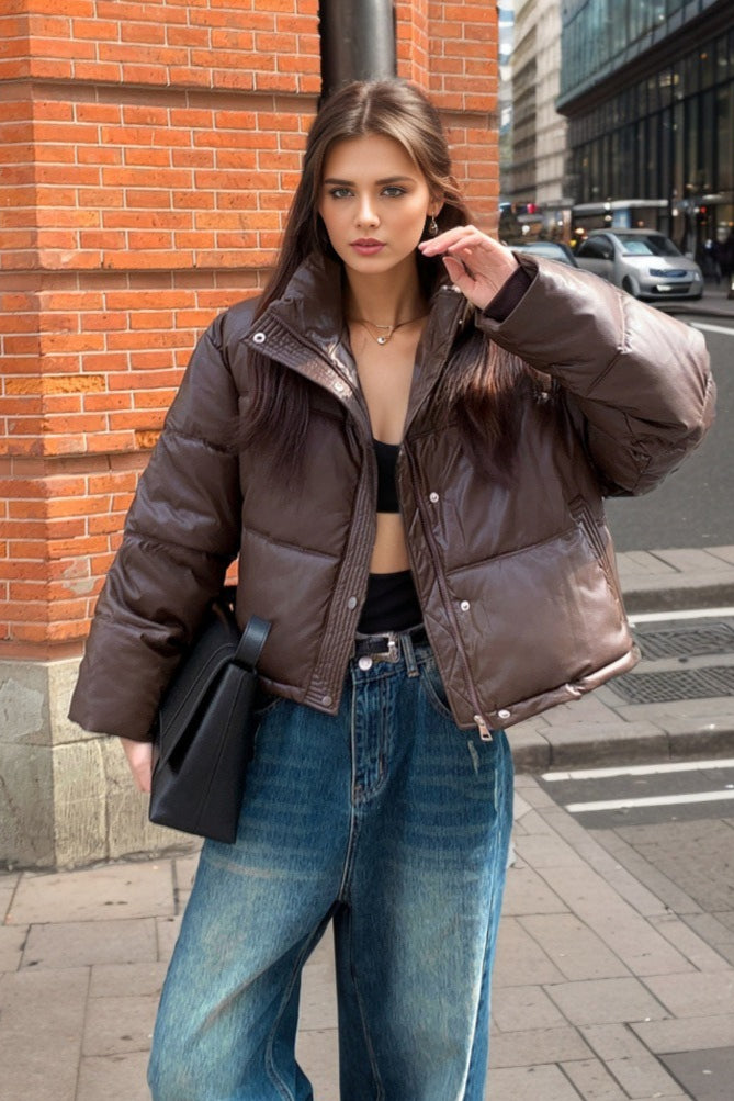 Cropped Faux Leather Insulated Puffer Jacket image 4