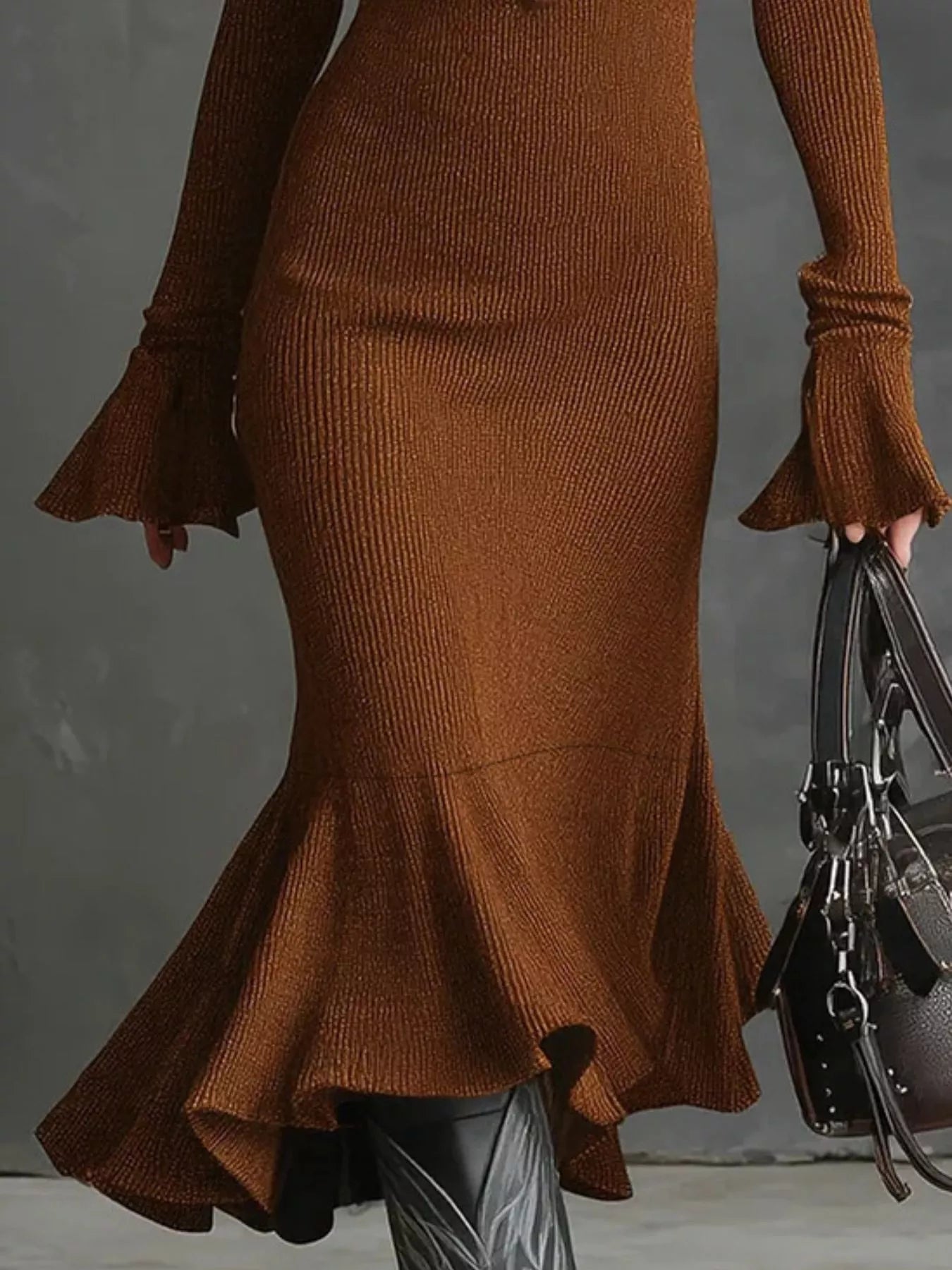 Valeria Ribbed Midi Dress detail view styled for Avrienne