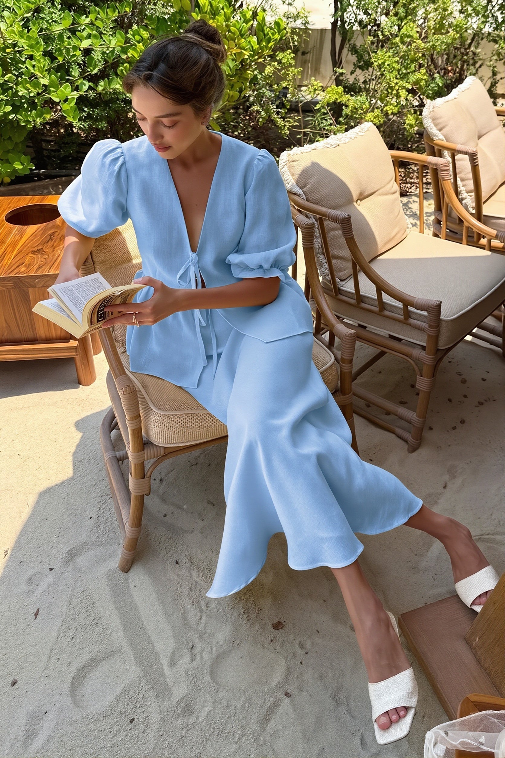 Chic V Neck Short Sleeve Ruffle Hem Skirt Sets image 6