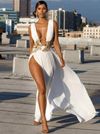 Deep V High Split A-Line Train Party Dress image 1