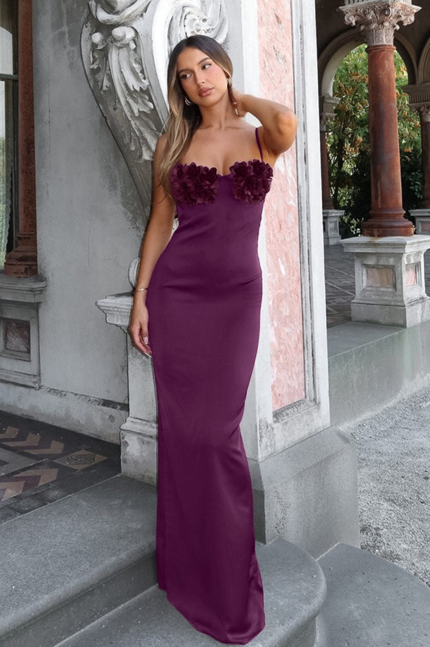 Rose Floral Elegant Backless Satin Cami Maxi Dress image 2