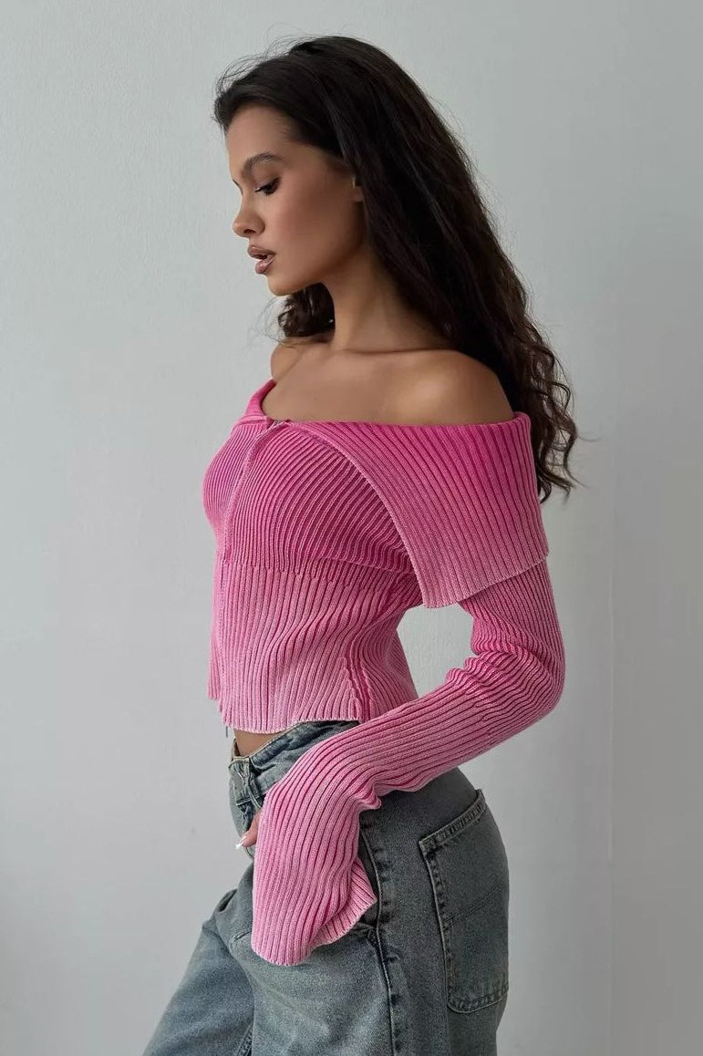 Off Shoulder Zipper Fitted Knit  Blouse image 2