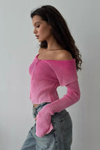 Off Shoulder Zipper Fitted Knit  Blouse image 2