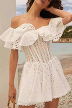 Elegant Designer Embroidery Hollow Out Cutout Waist Cinched Mini Dress image 3