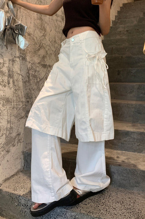 Bow Tie Fake Two Piece White Y2K Loose Jeans image 2