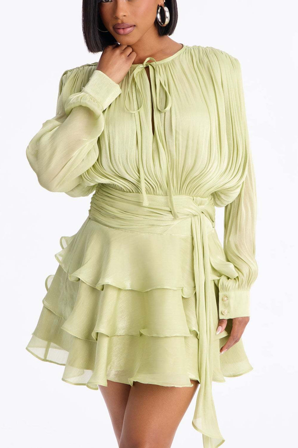 Sheen Flowy Tie Ruched Tiered Mini Dress image 2