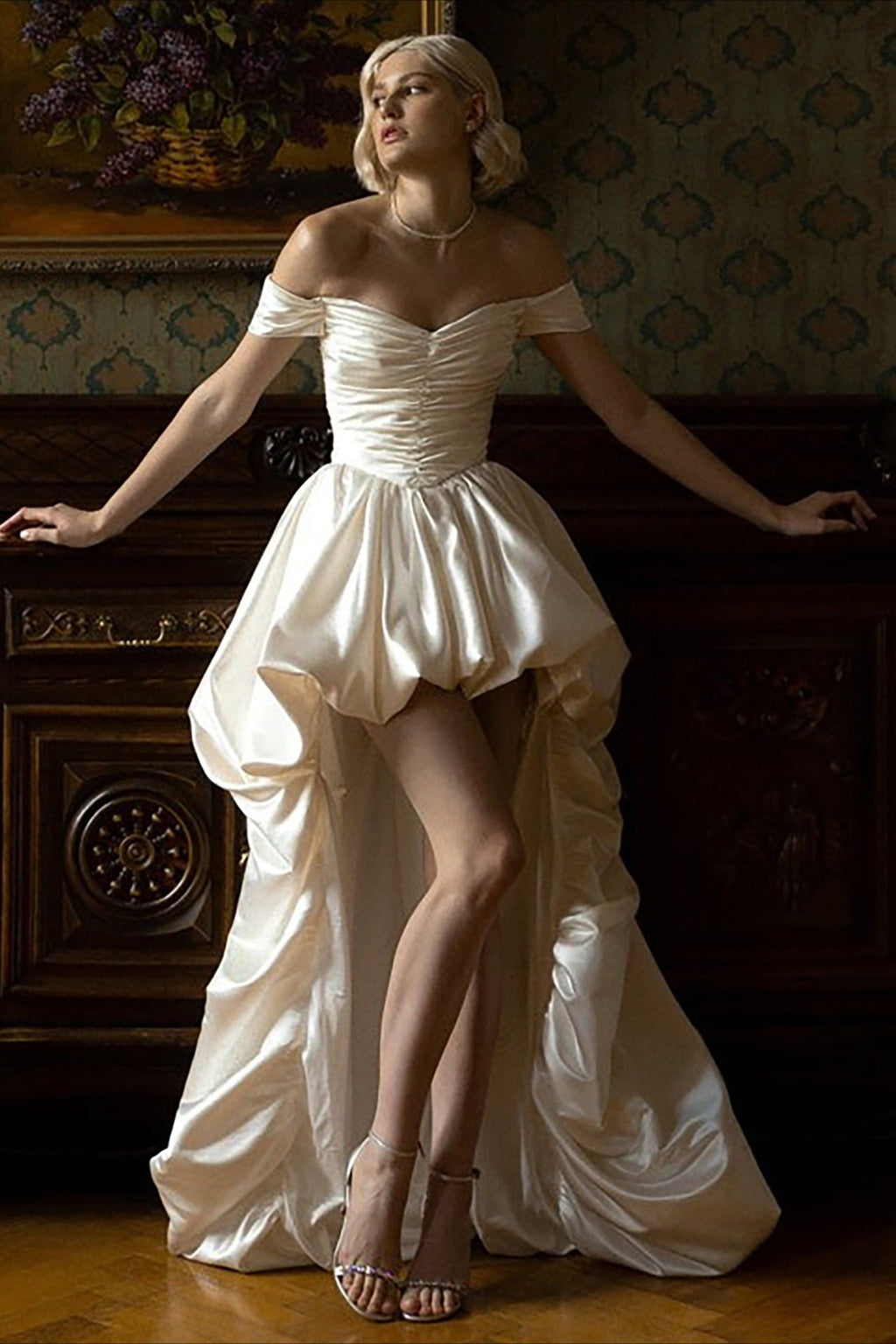 Satin Off Shoulder High Low Reception Dress image 2