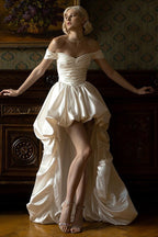 Satin Off Shoulder High Low Reception Dress image 2