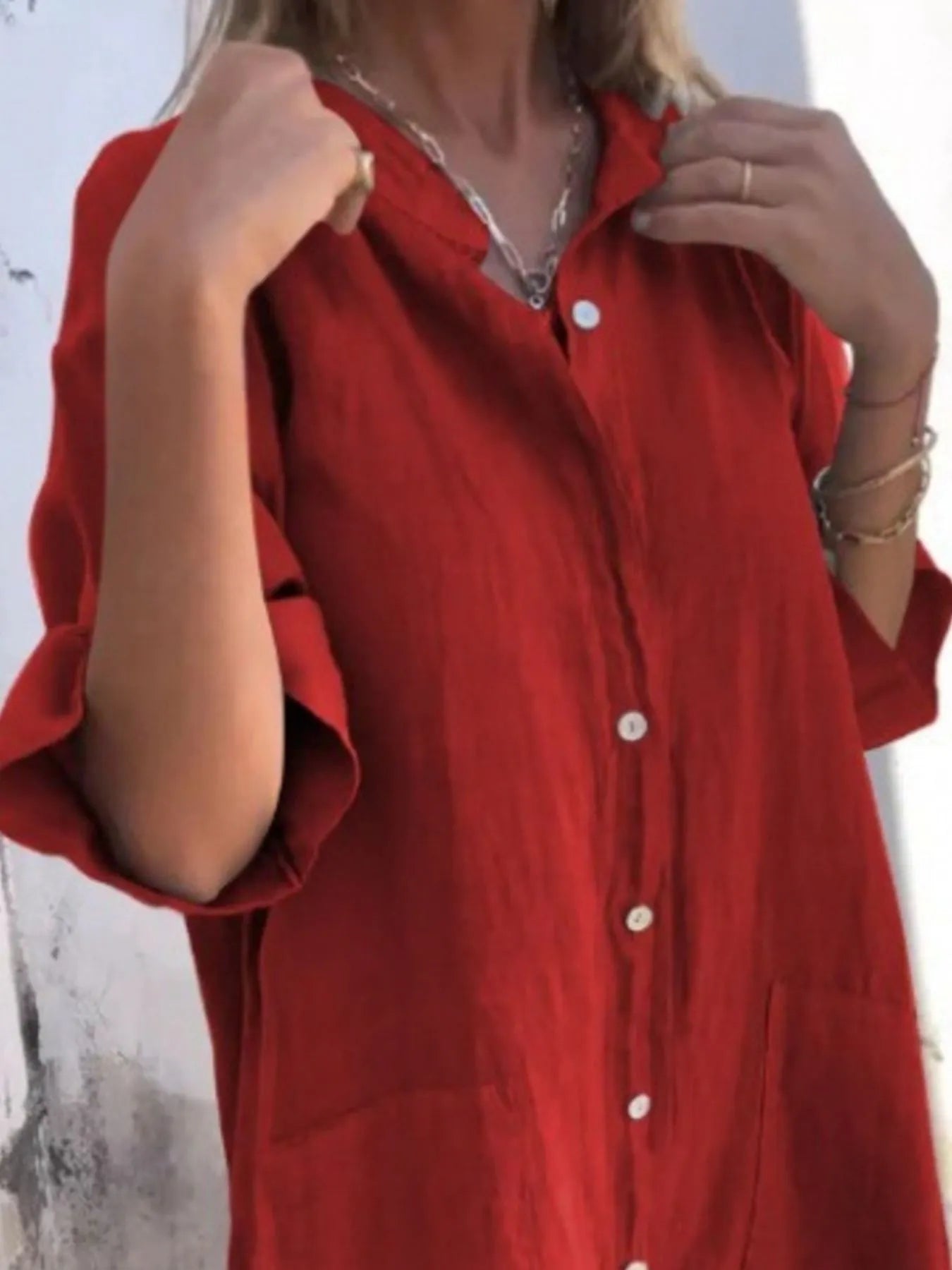 Marseille Linen Shirt Dress detail view styled for Avrienne
