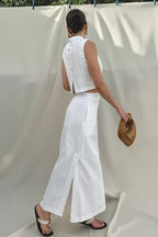 Simple Linen Cotton Sleeveless Slit Skirt Set image 2