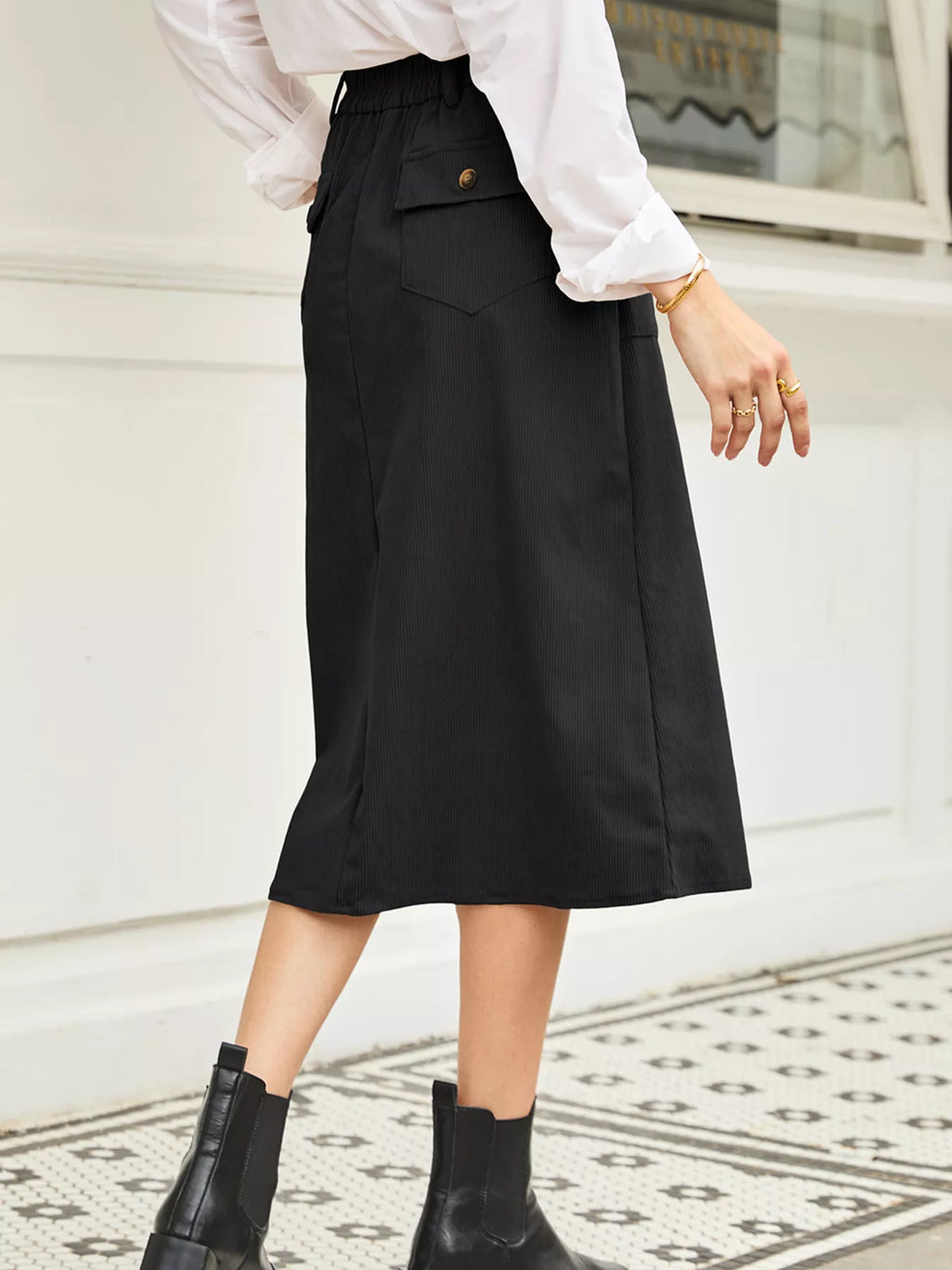 Celine Slit Midi Skirt detail view styled for Avrienne