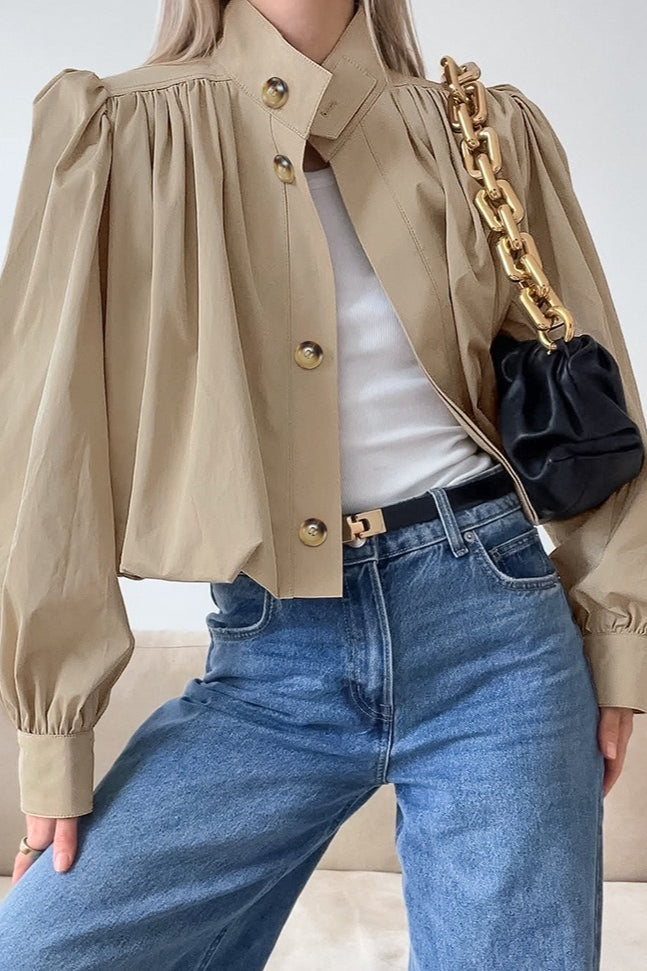 Short Khaki Puff Sleeve Trench Coat image 1