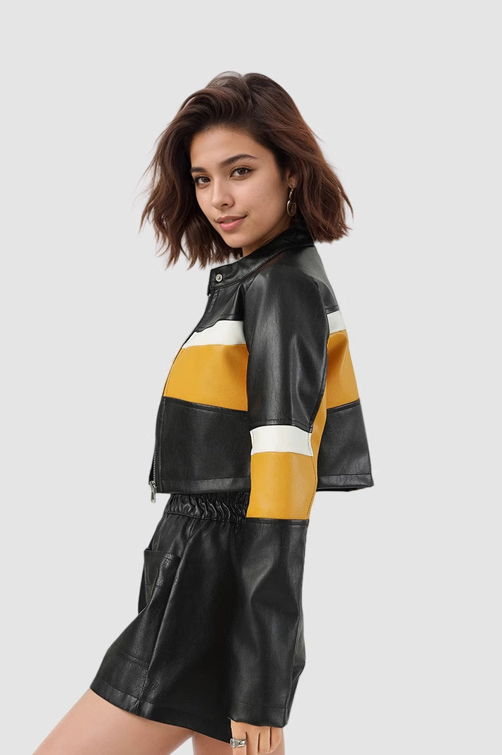 Color-Block PU Leather Biker Jacket image 3
