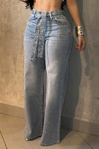 Sexy Rhinestone Belt High Waist Straight Jeans image 1
