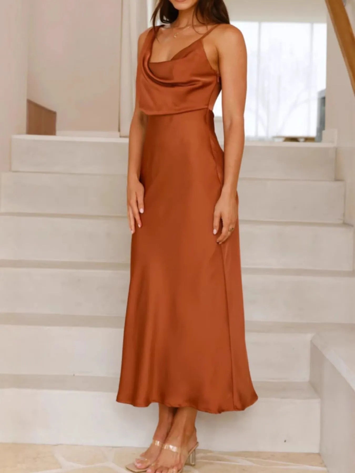 Willa Satin Dress detail view styled for Avrienne