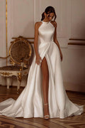 Elegant Satin Halter Train Reception Dress image 1