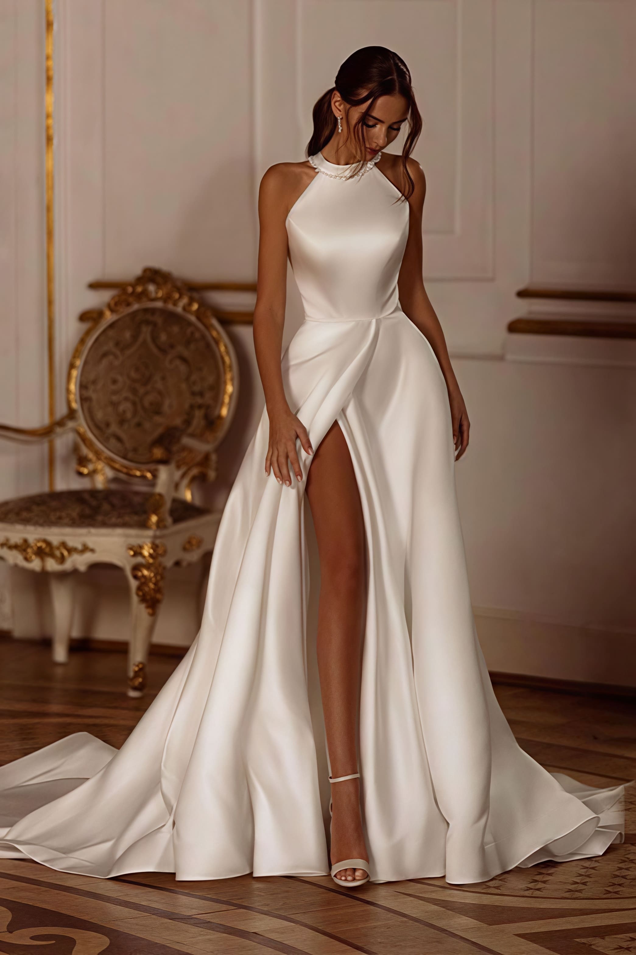 Elegant Satin Halter Train Reception Dress image 1