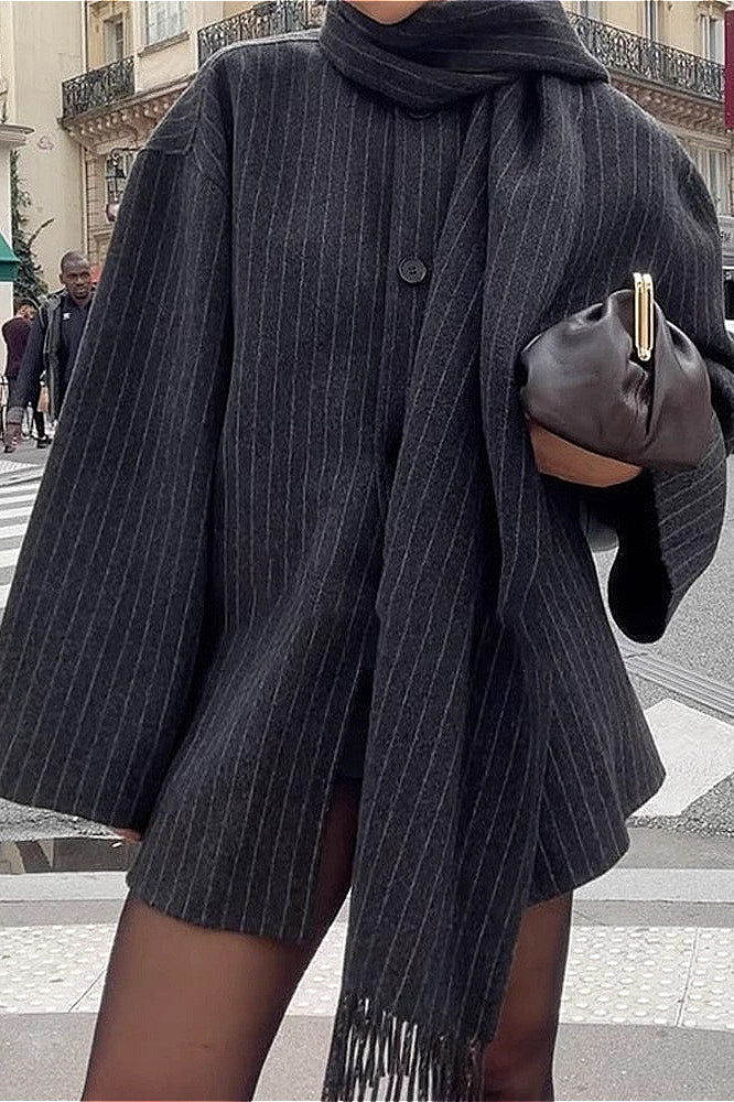 Striped Scarf Collar Tassel Loose Wool Coat image 5