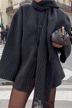 Striped Scarf Collar Tassel Loose Wool Coat image 5