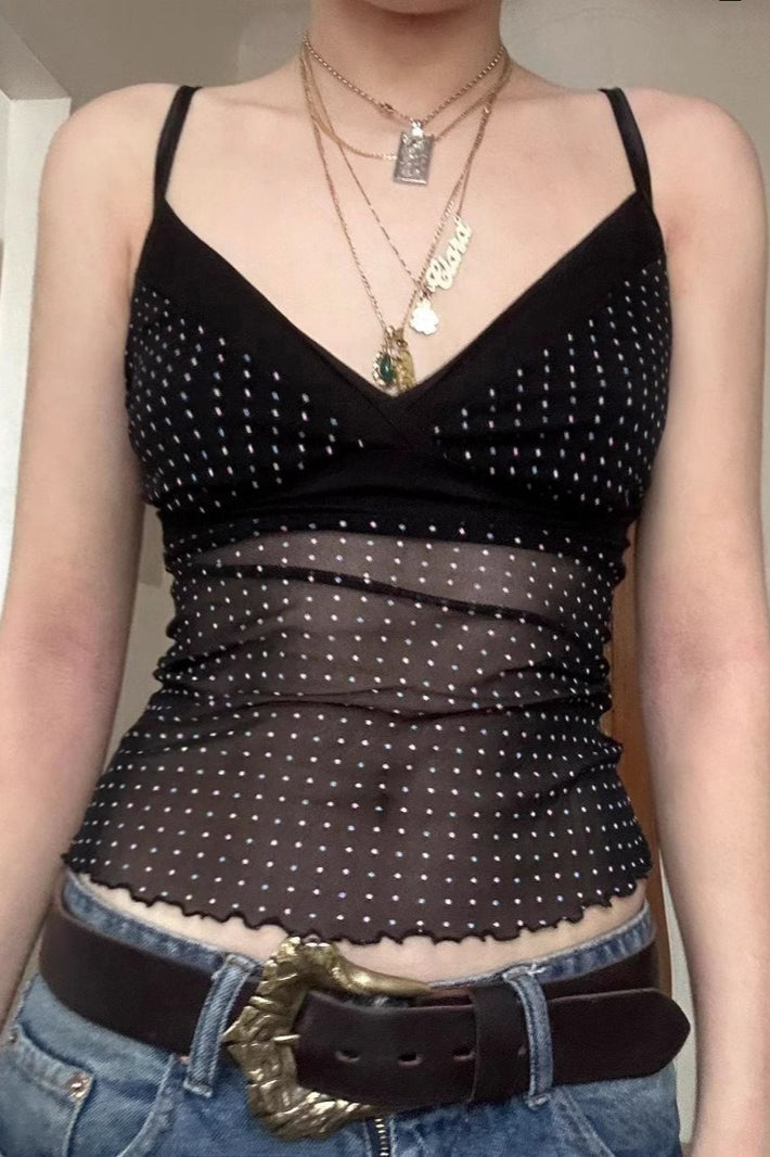 Sheer Polka Dot V-Neck Halter Cami Crop Top image 1