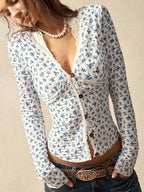 Vintage Floral Lace Trim V-Neck Halter Cropped Blouse image 2