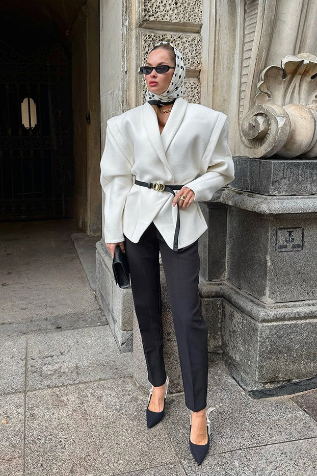 White Wool Thickened Belted Collared Mid-Coat image 6