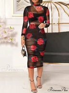 3D Floral Choker Detail Strapless Classic Bodycon Party Midi Dress - Turquoise image 9