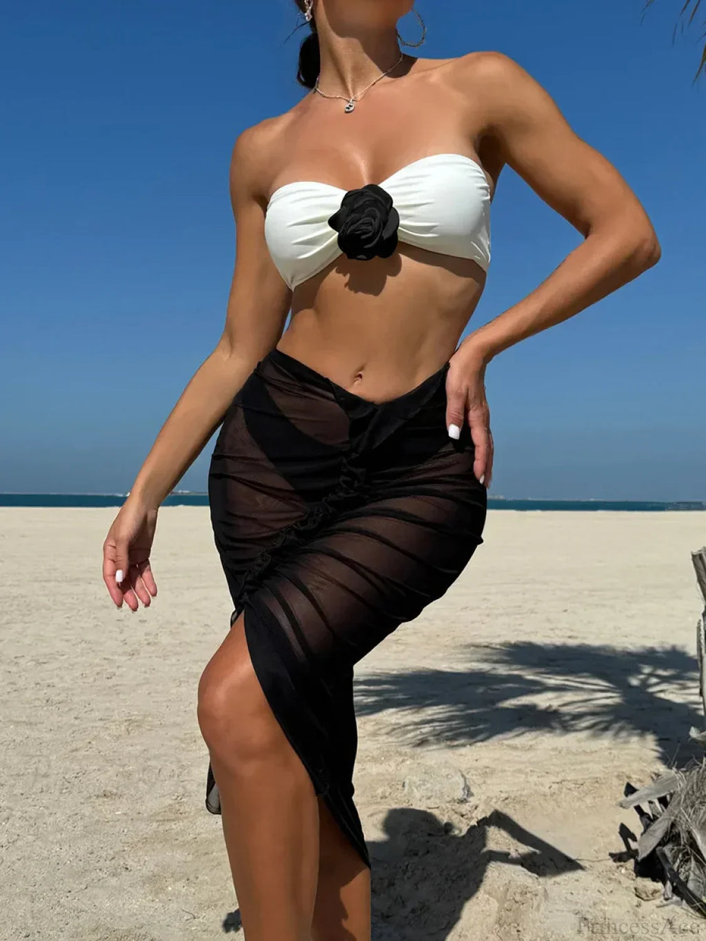 3D Flower Bandeau Bikini with Mesh Skirt Three Piece Swimsuit image 1