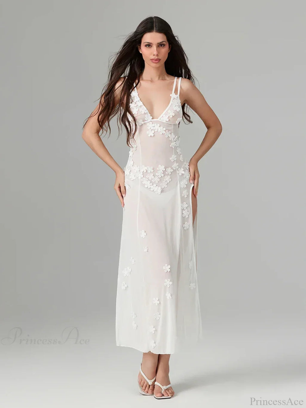3D Flower Decor Backless Deep V Slit See-Through Beach Floral Dress image 6