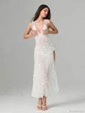 3D Flower Decor Backless Deep V Slit See-Through Beach Floral Dress image 4